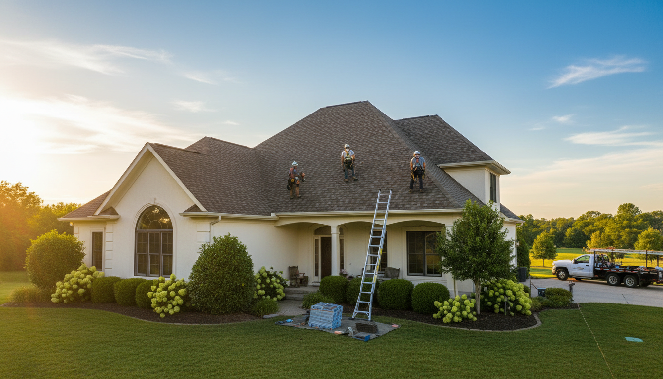 Local roofing crew working on a family home