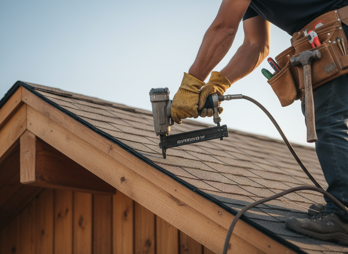 Roofer installing shingles